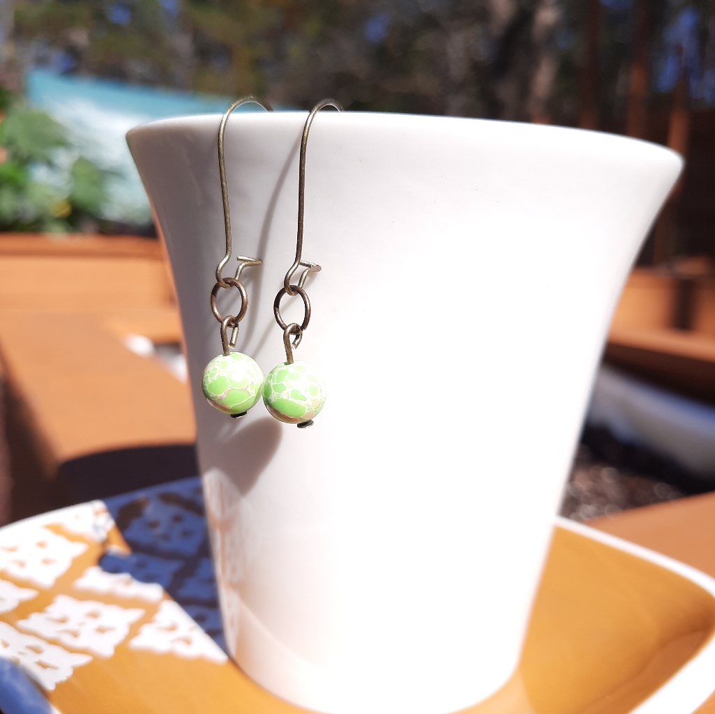 Green King Stone Kidney Hooks Bronze Tone Earrings